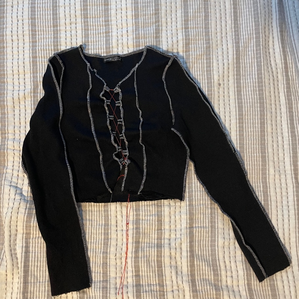 Lace Up Top Stitching Ribbed Top